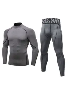 Men's Warm Compression Sports Set, High Neck Long Sleeve T-Shirt + Tight Pants, Breathable Elastic, Fall Winter Running Cycling Training Gear, Compression Tops