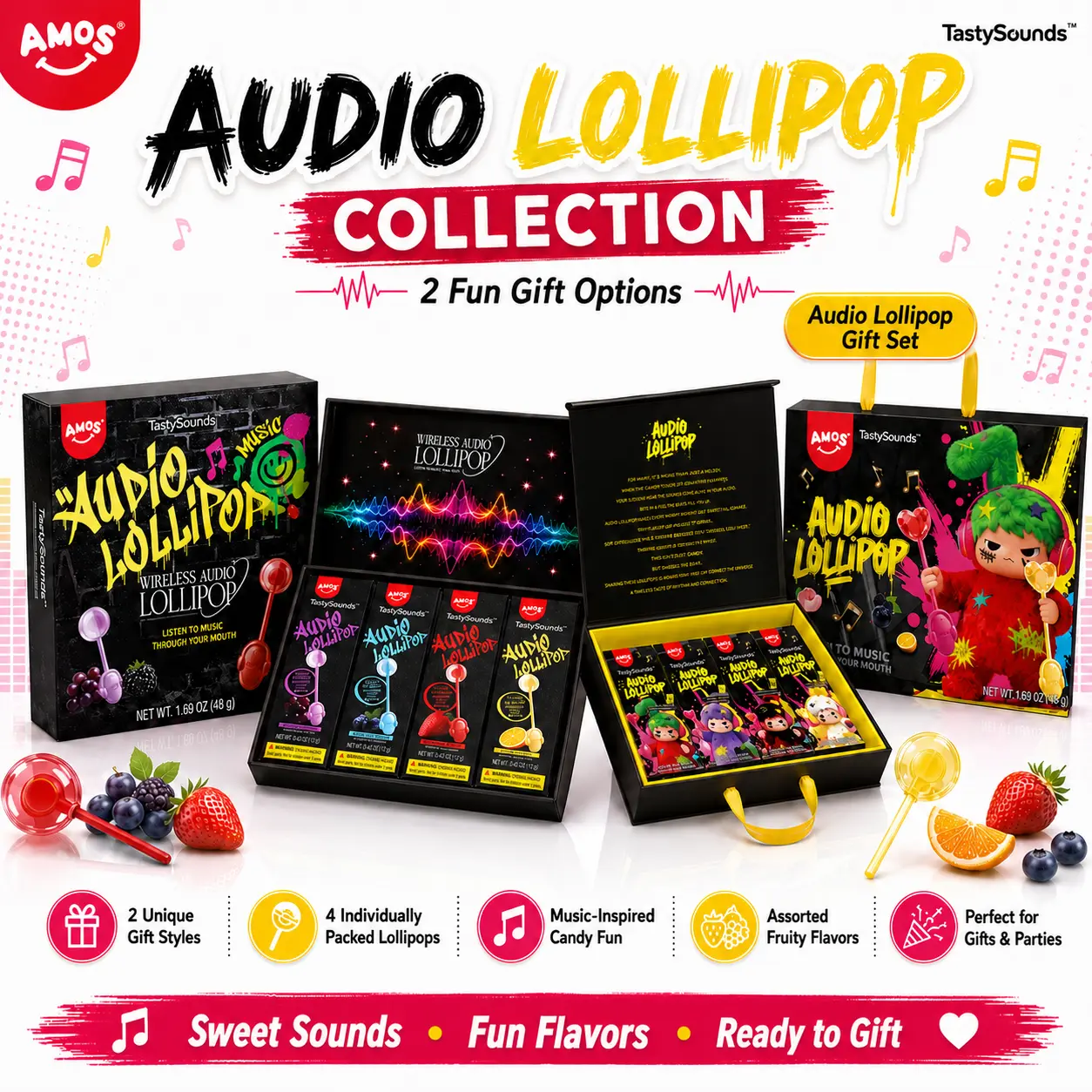 AMOS TastySounds Audio Lollipop Gift Set, 4 Individually Packed Fruity Lollipops, Music-Inspired Candy Fun, Ready-to-Gift Box for Kids Parties AMOS TastySounds Audio Lollipop Gift Set, 4 Individually Packed Fruity Lollipops, Music-Inspired Candy Fun, Ready-to-Gift Box for Kids Parties