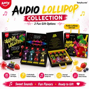AMOS TastySounds Audio Lollipop Gift Set, 4 Individually Packed Fruity Lollipops, Music-Inspired Candy Fun, Ready-to-Gift Box for Kids Parties