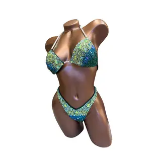 Green Velvet Wellness Competition Bikini – Chunky AB Rhinestones | Custom NPC / IFBB Stage Suit