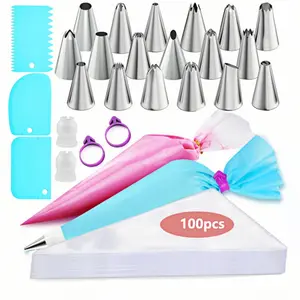 100-Piece Disposable Piping Bags Set with 18 Stainless Steel Tips, 3 Scrapers & Couplers - Ultimate All-in-One Cake Decorating Kit for Home Bakeries and Pros