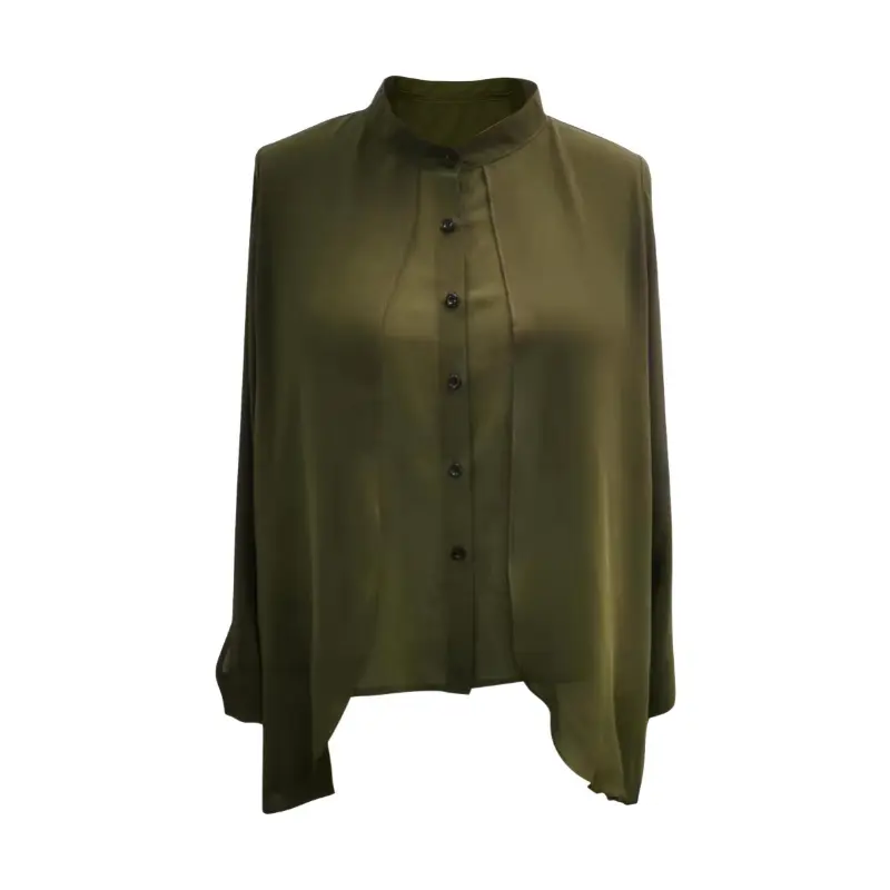 Women's Plus Size Olive Green Chiffon Blouse-Long Sleeve Button-Up Shirt with Stand Collar, Semi-Sheer Casual Top for Spring Summer Fall,Lightweight Breathable Office&Casual Attire, Sophisticated Casual Look, Elegant Texture,Spring Fa Polyester Womenswear