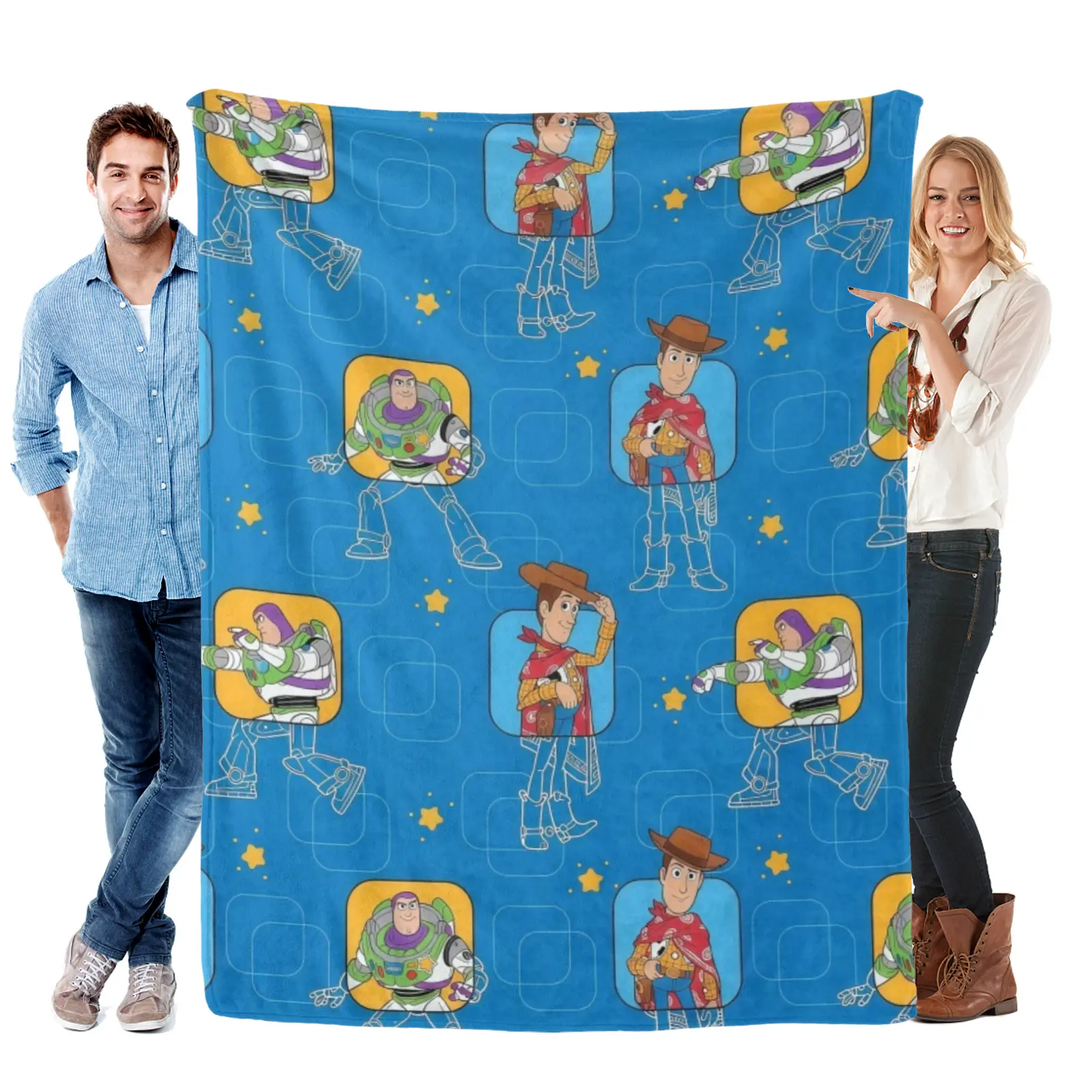 [Summervibes] Disney Square Frame Woody Buzz Print Toy Story Blanket - Cozy Flannel Toy Story Gifts For Boys Kids Birthday Holiday Presents