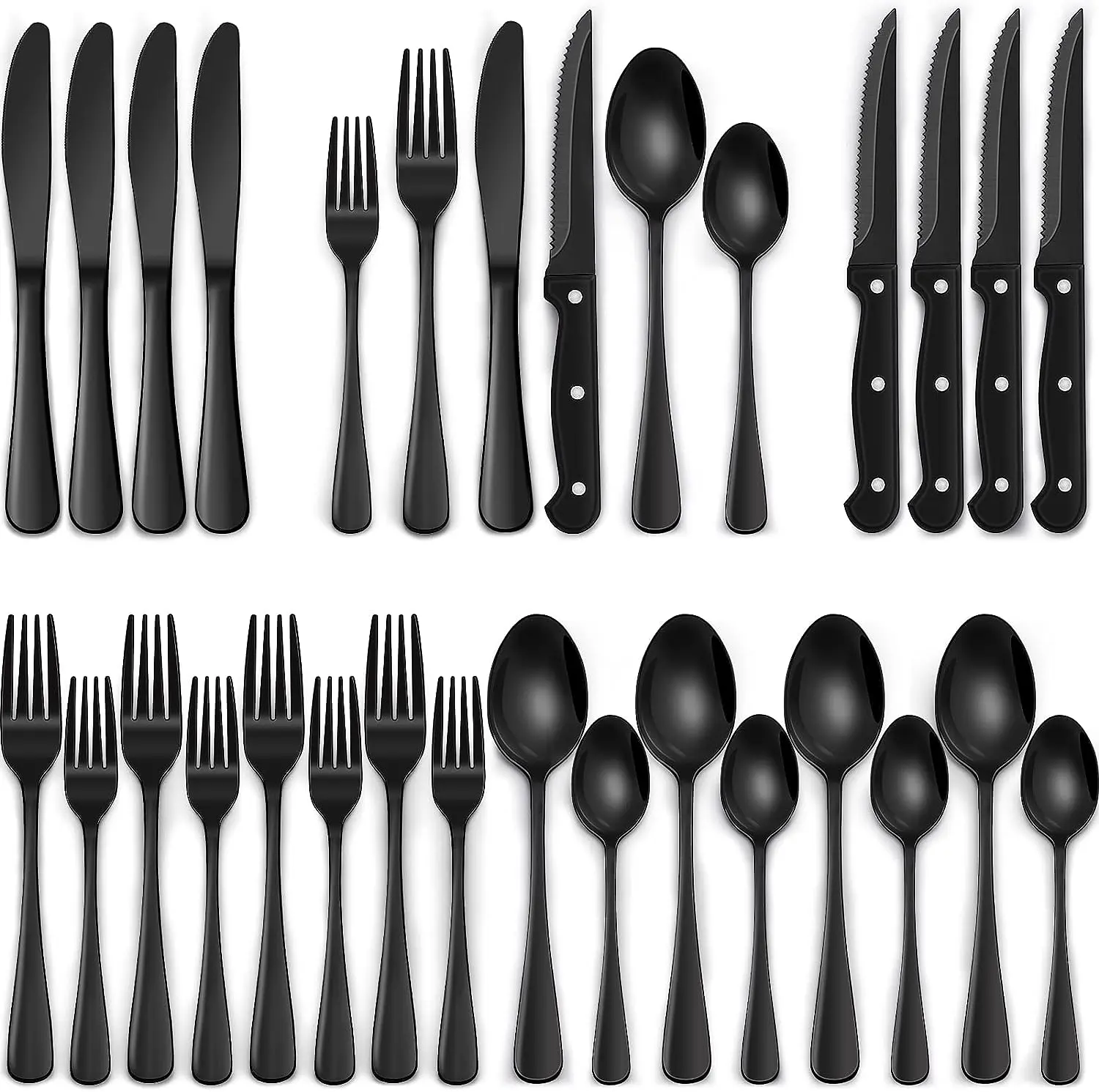 24-Piece Black Stainless Steel Silverware with Steak Knives, 4-Person Mirror-Finished Kitchen Cutlery Including Spoons