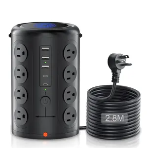 Surge Protector Power Strip 10 FT Cord, TenTrend Vertical Power Tower with 16 Outlets and 5 USB Ports (2 USB-C), 1875W 2000J Charging Station for Home Office Desk, Dorm Room Essentials, Black