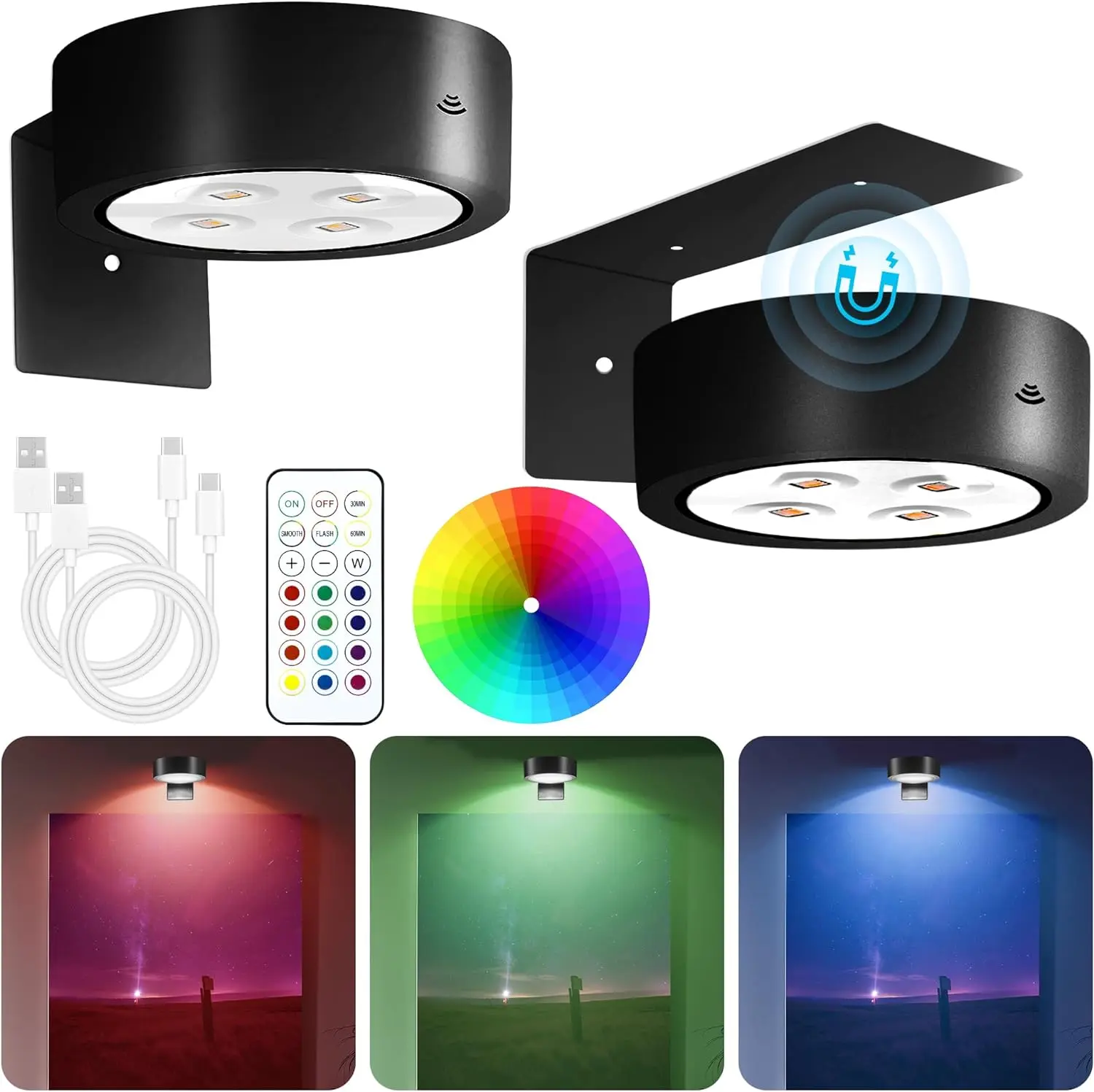 Rechargeable Battery Picture Light, RGB Color Changing Led Art Display Light for Picture Frame, Magnetic Painting Light with Remote Control, Wireless Home Wall Decor Puck Light, Pack of 2, Black-RGB wall lamp room decor