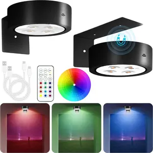 Rechargeable Battery Picture Light, RGB Color Changing Led Art Display Light for Picture Frame, Magnetic Painting Light with Remote Control, Wireless Home Wall Decor Puck Light, Pack of 2, Black-RGB wall lamp room decor