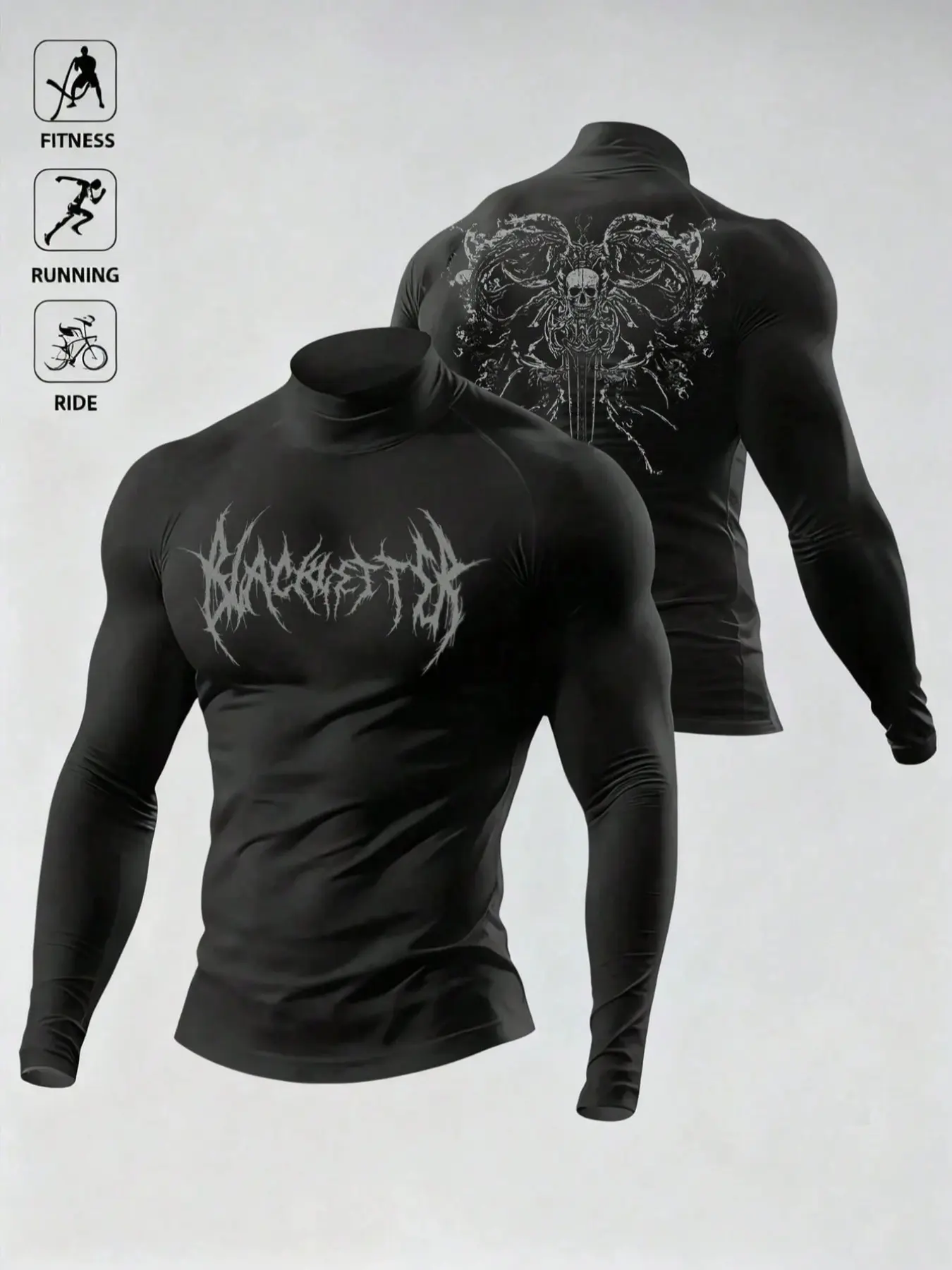 Men's High Neck Sports Shirt, Front Letter Print Back Skull Wings Pattern, Quick-Dry Breathable Fabric, Slim-Fit Long Sleeve, Athletic Compression Shirts, Athletic Apparel