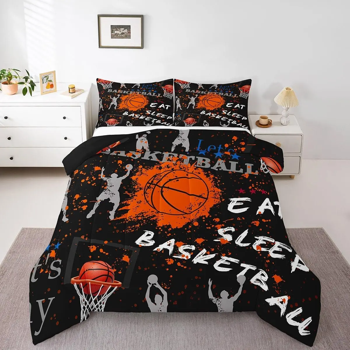 Feelyou Basketball Comforter Set - Black and Orange Sports Ball Themed Microfiber Bedding, Decorative Option for Basketball Room Decor, Decorative Bedding Set, Microfiber Bedding Set