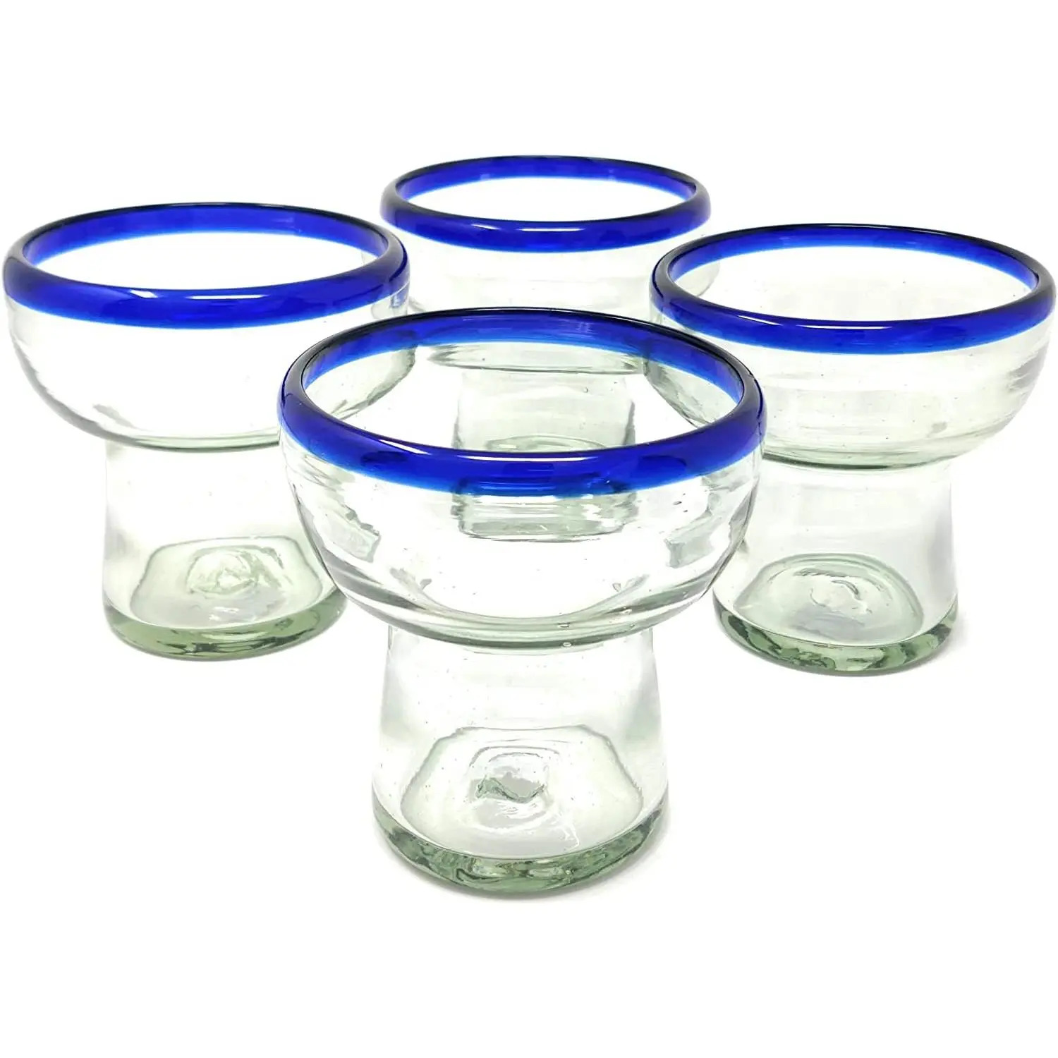 Dos Sueños Mexican Hand Blown Glass – Set of 4 Hand Blown Stemless Blue Rim Margarita Glasses (14oz)