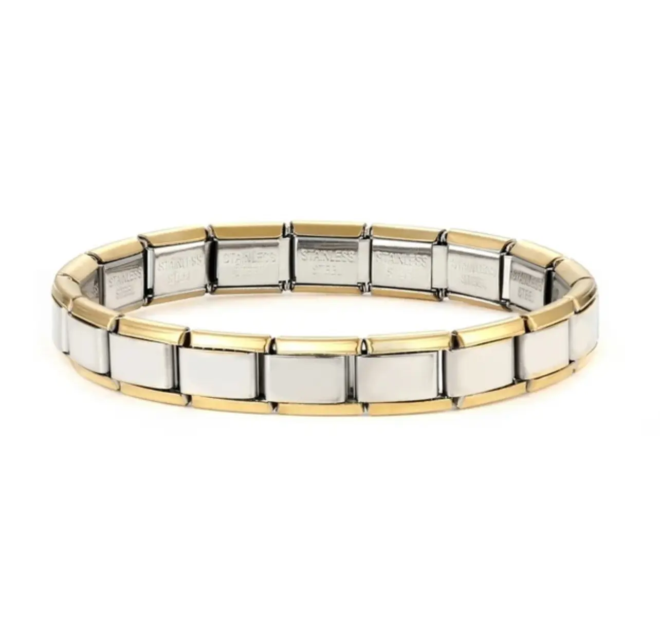 Gold & Silver Shiny Starter  Charm 9mm Stainless Steel Bracelet 18 links about 6 3/4" in Length charmbracelet Italian Jewelry