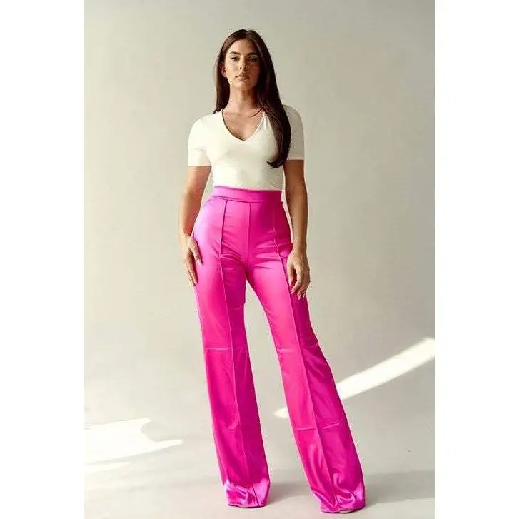 Desire Desire Satin Stretch High Waisted Dress Pants- Fuchsia