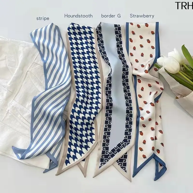 Printed Satin Skinny Scarf, Multi Pattern Houndstooth Striped Strawberry Neck Band, Lightweight Thin Ribbon Scarf, Versatile Hair Tie & Bag Accessory For Women Daily Styling