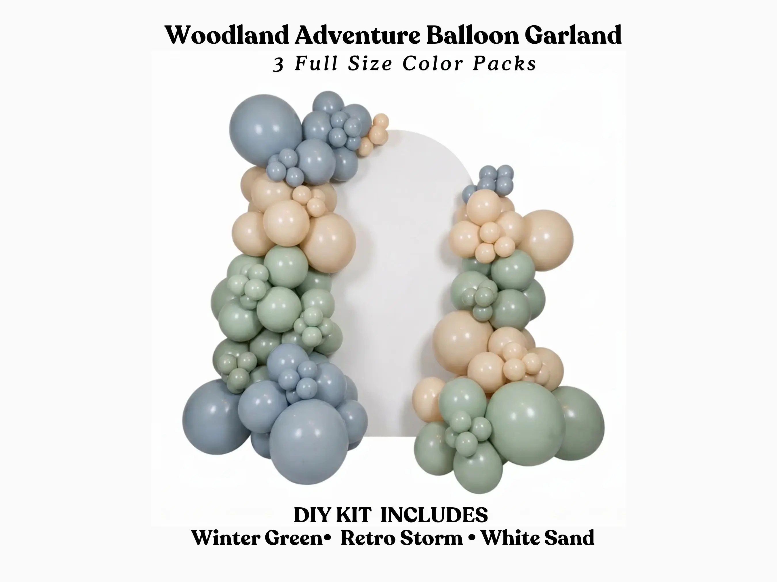Woodland Baby Shower Balloon Garland - White Sand, Winter Green & Retro Storm DIY Kit