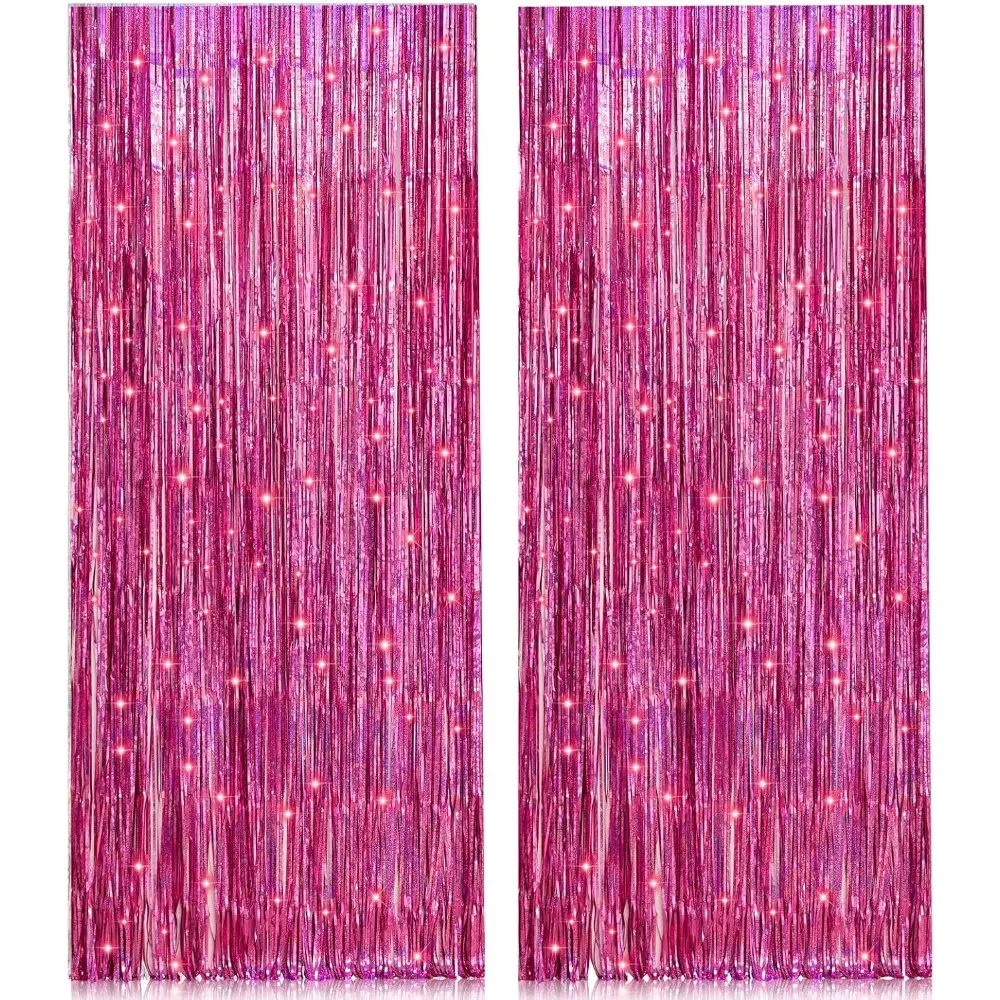 2-Pack Pink Metallic Tinsel Foil Fringe Curtain Backdrop Kit - 3.2ft x 8.2ft Neon Wall Banners for Birthday, Wedding, Photo Booth Props & Festive Party Decorations