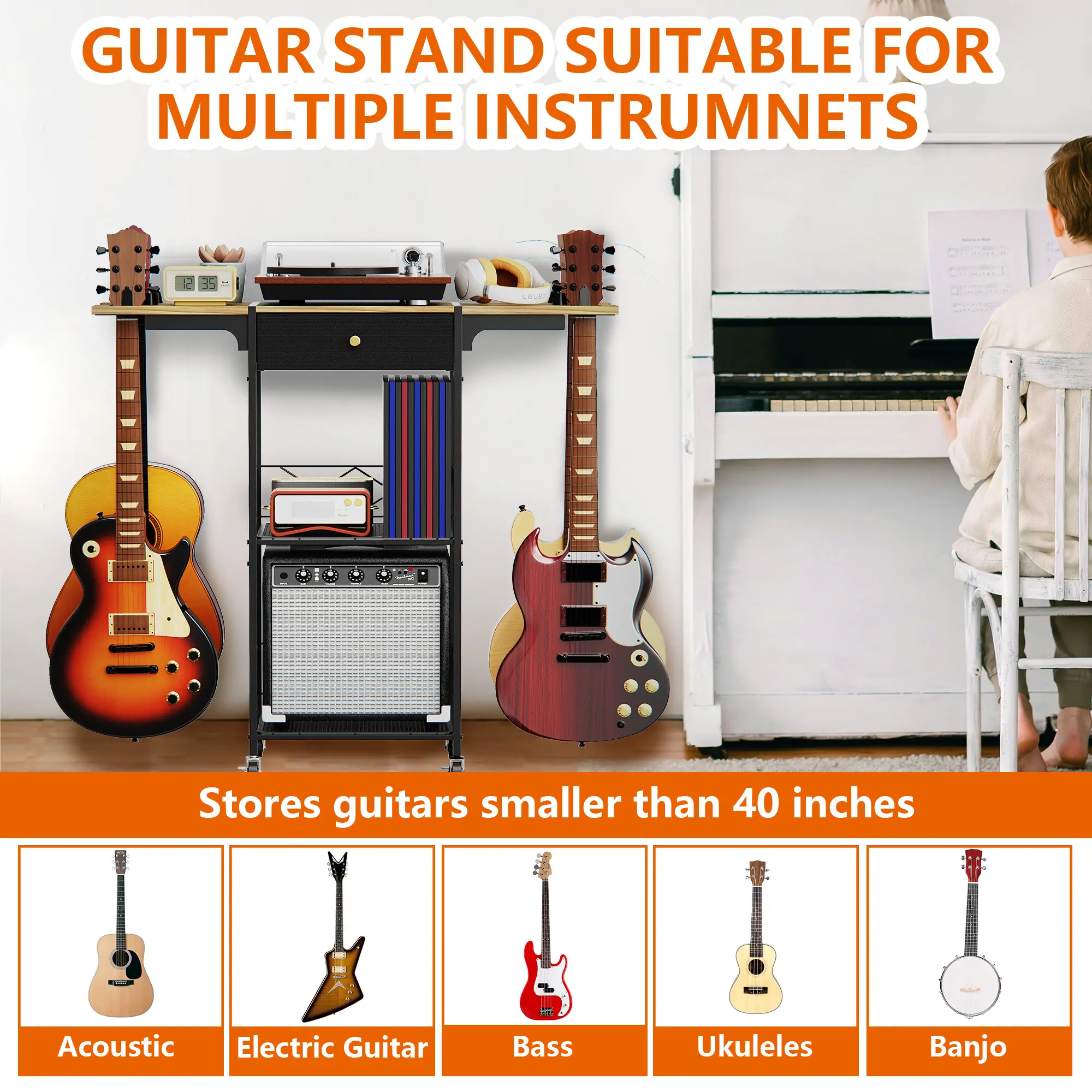 SURUIHK Steel Portable Guitar Stand Rack - Locking Home Organizer with Rolling Wheels, Drawer, 3-Tier Amplifier Shelf, 40"l x 12"w x 37"h, Stores Up to 4 Guitars, Stylish Studio Decor (Thanksgiving Pick)