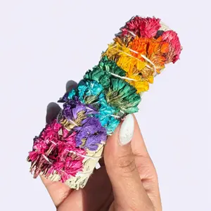 Faiza Naturals 7 Chakra Sinuata Floral Sage Smudge Stick, seven flowers, chakra balancing, healing, clearing negative energy, bring positive energy, smudge wand, California Sage, aromatherapy, dry flowers, natural, handmade Fragrance, Ritual, Selfcare