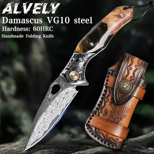 ALVELY Handmade Damascus Steel Pocket Knife, 3.1" VG10 Ultra Sharp Blade, Folding Knife with Faux Leather Sheath and Liner Lock, Unique Maple Wood Handle - Perfect for EDC, Outdoor Camping, Everyday Use and Fishing