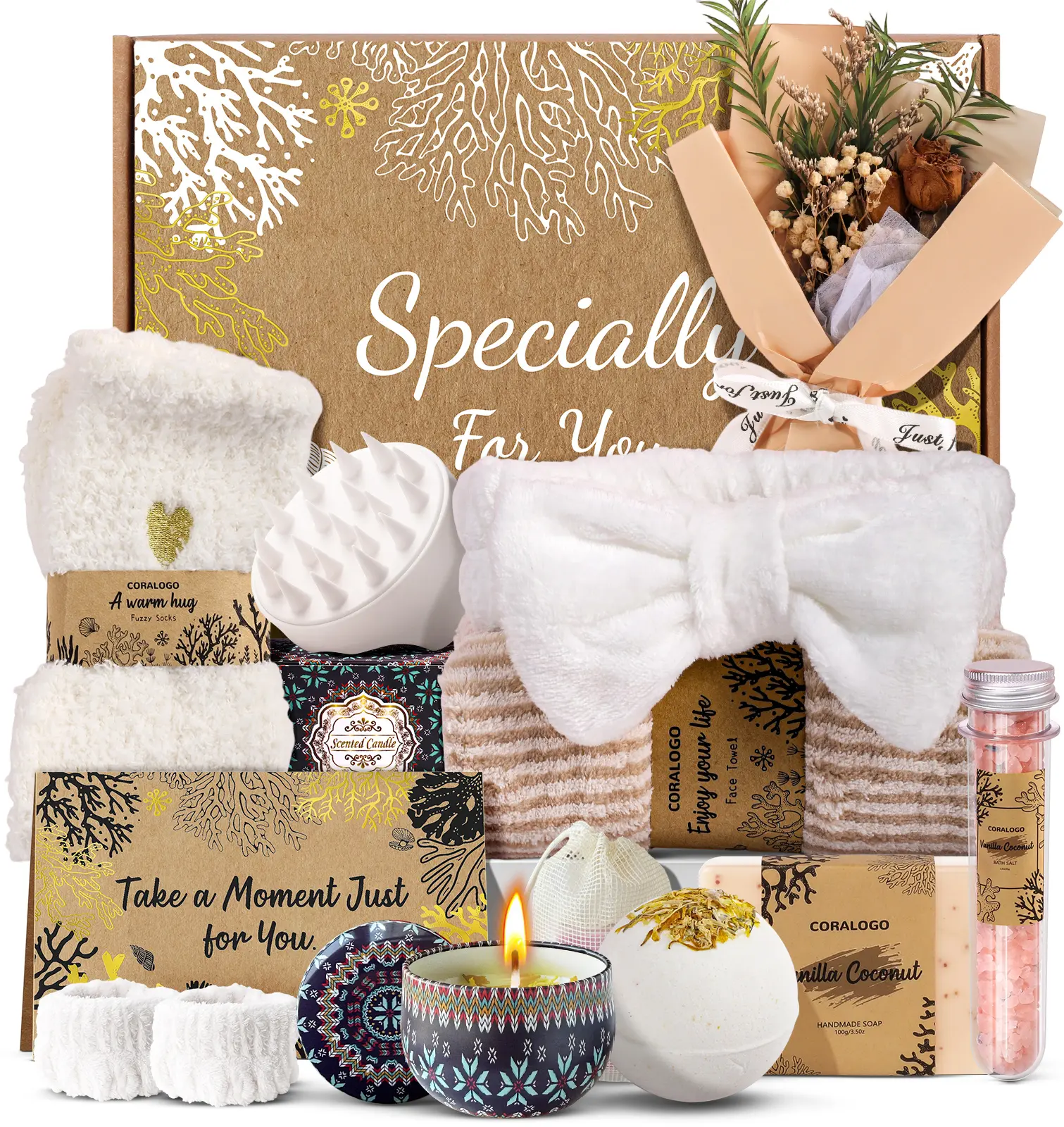 Coralogo Natural Spa Gift Basket – Organic Relaxing Spa Set, Pampering Self-Care for Women, Wife, Mom, Her Birthday or Get Well Soon, 11pcs Gift Set Spa Kit Bath Sets