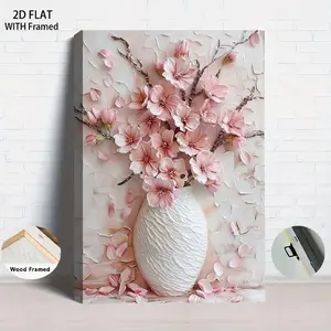 1PCS With Framed Modern Minimalist Relief Decorative Painting Pink Cherry Blossom Vase Wall Art for Living Room Entrance Style Home Decor Art Wall Decoration High-Definition Canvas Print with Wooden Frame Bedroom Dining Home Decor Accessory