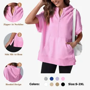 FISOEW Womens Oversized Half Zip Hoodies Short Sleeve Casual Sweatshirts Pullover Tops with Pockets Leggings Loose Aesthetic parke mockneck sweatshirt comfort sweatshirts denim tear hoodie FallFreshness #Springtok #TikTokShopJumpstartSale