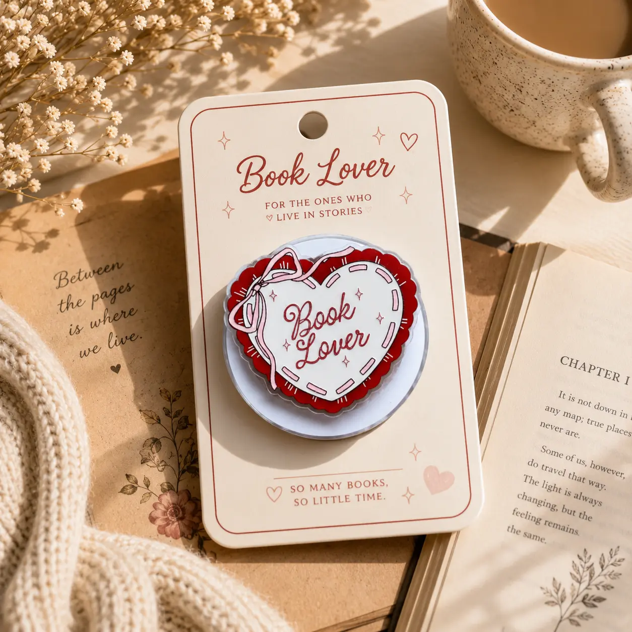 Book Lover Heart Magnetic Phone Grip Stand, Romantic Bookish MagSafe Phone Holder, Kindle Grip, Bibliophile Gift