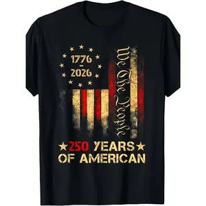 1776-2026 American Heritage Golden Stars Tee T-Shirt for Men, "We the People" Pattern, 250th Anniversary American Pride Design, Breathable Elastic Cotton, Loose Casual Regular Fit, Machine Washable, July 4th Independence Day & Patriotic Events