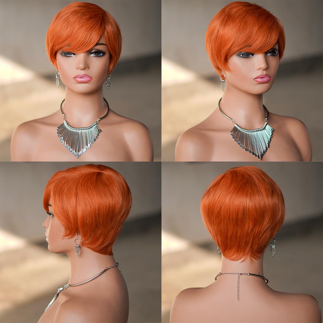 "Glueless Short Pixie Cut Wig With Bangs 180% Density Brazilian Virgin Human Hair P1B/99J 6 Inch Layered Natural Look Full Machine Made Wig Caps For Daily Party & Salon Use "	