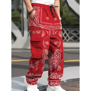 Men’s Streetwear Bandana Pattern Cargo Pants with Drawstring