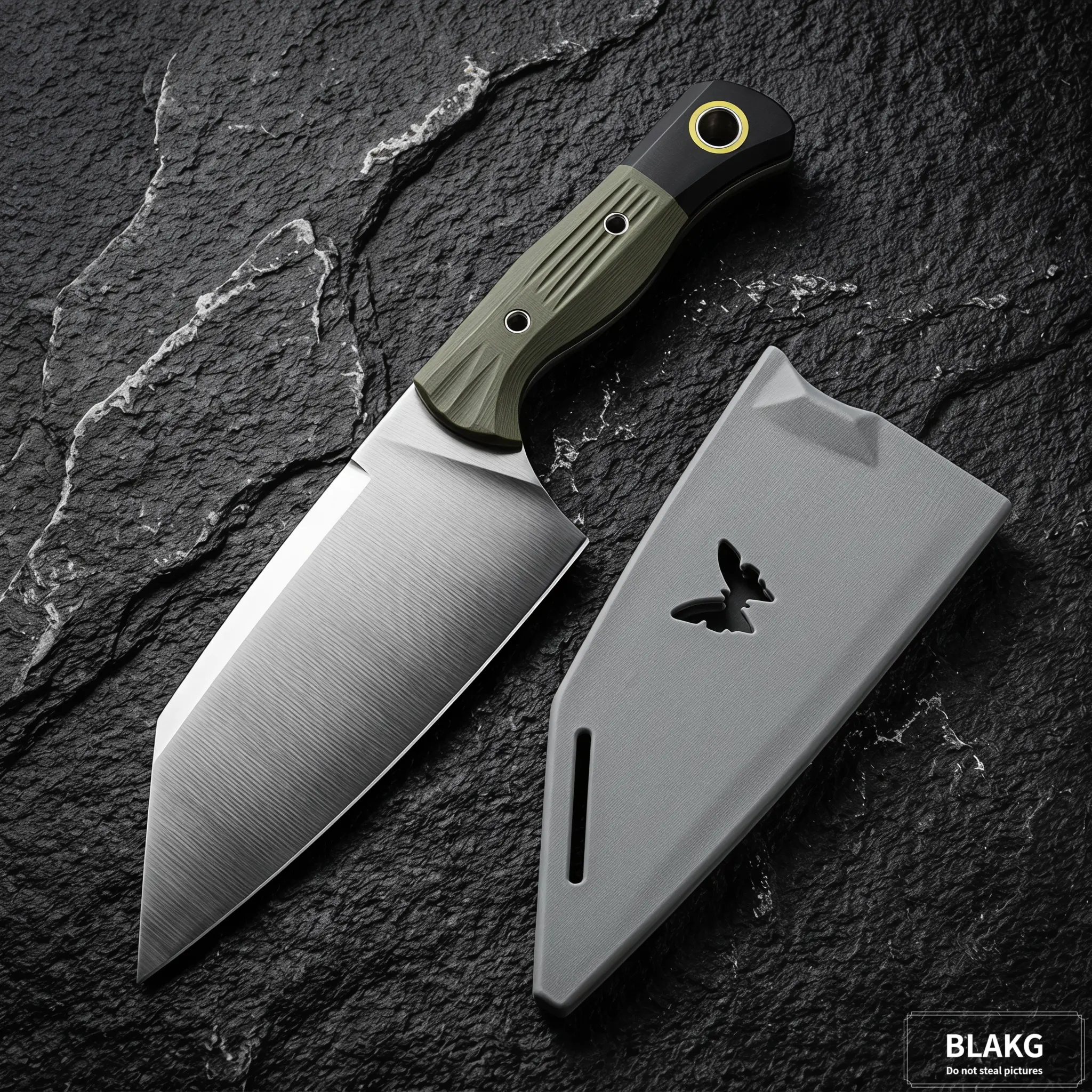 Black G10 composite handle kitchen cleaver, blade forged from premium high carbon steel with sanding finish, featuring high hardness, long-lasting sharpness, wear resistance and corrosion resistance.