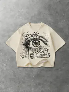 Men's Sparkle Eye Loose Fit Casual Graphic Print T-Shirt, Surreal Eyeball Art Design, Handwritten Slogan, Y2K Streetwear Essential, Menswear