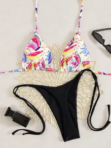 Summer Banana Print Bikini T-Shirt Pants Thin Rope Style Women's Beach Vacation Cute Swimsuit Set, Two-Piece Swimwear