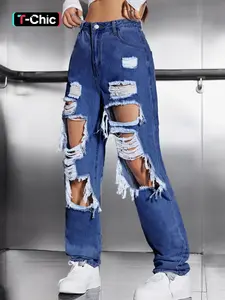 Women's High Waist Ripped Fit Jeans, Fashion Casual Distressed Straight Leg Denim Pants, Destroyed Hole Jeans, Lady Bottoms for Daily Wear Streetwear