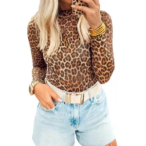 Asvivid Leopard Mock Neck Long Sleeve Mesh Top Shirts - Stylish Slim Fit Leopard Print Top for Casual Wear & Layering