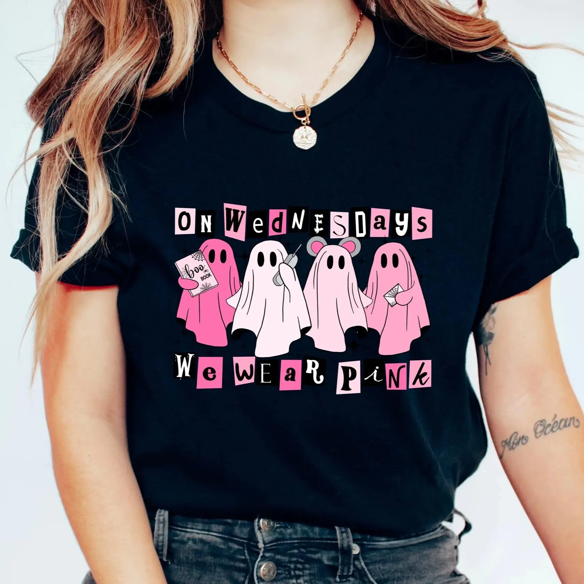 Comfort Colors On Wednesdays We Wear Pink T-Shirt, Cute Pink Ghost Mean Girls Halloween Party Sweatshirt, Spooky Season Movie Quote Graphic Tee Crewneck, Trendy Fall Coquette Horror Fashion Apparel, Spooky Aesthetic Halloween Gift for Women