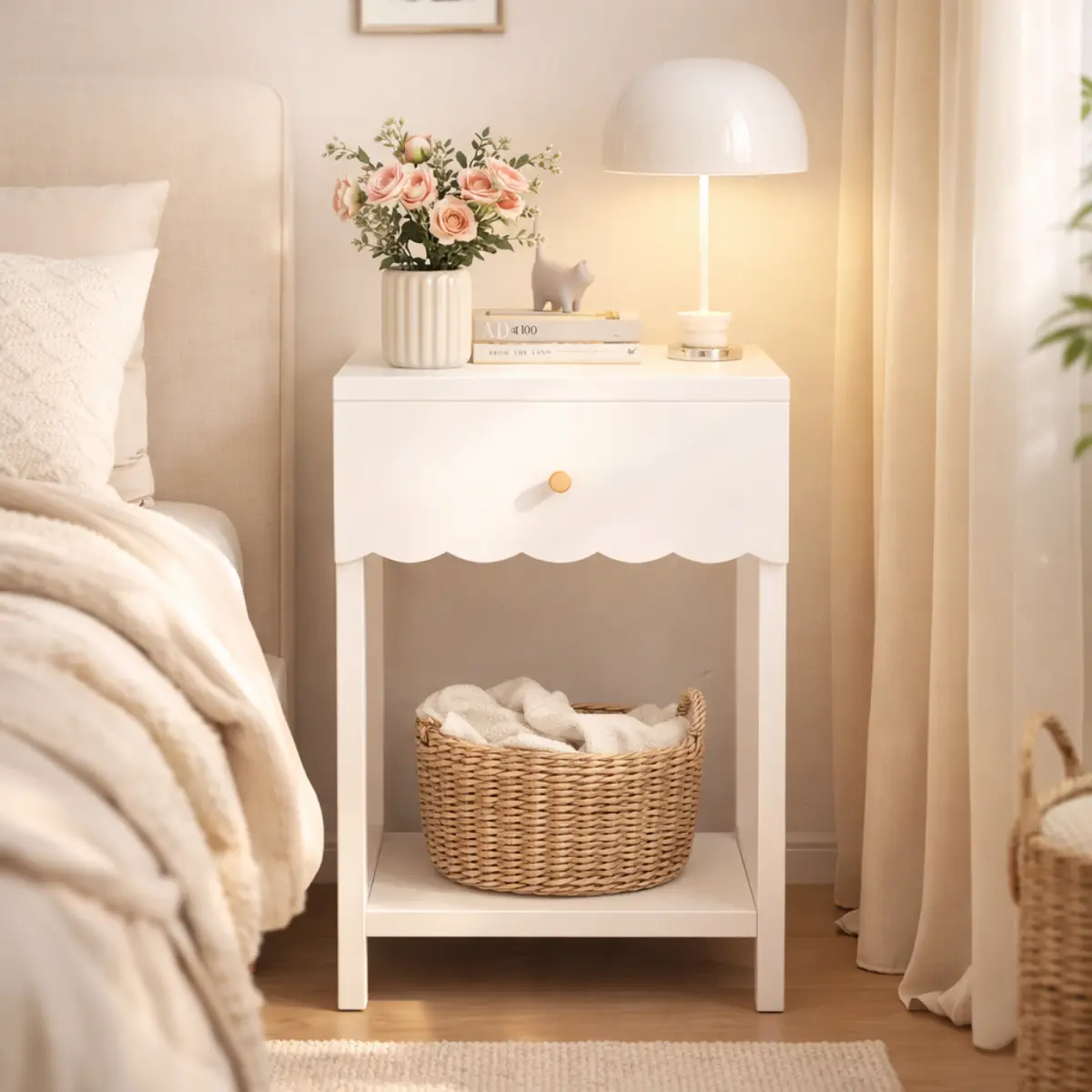 Modern White Storage Nightstand - 1 Drawer (4.53"h Drawer Stash), Open Shelf, Scalloped Edge Stylish Bedside Table for Modern Bedroom, Kid Room, Minimalist Decluttering Small Space Indoor Furniture