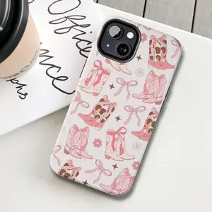 Aesthetic Bow Ribbon Smartphone Case - Coquette Cowgirl Western Rodeo Design, Balletcore Pink Handheld Cellphone Cover, Girly Wild West Cowboy Boots Themed Accessories Gift for iPhone