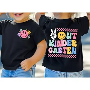 Peace Out Kindergarten T-Shirt, Retro Smiley Face Checkered Graduation Tee, Last Day of School Shirt for Girls