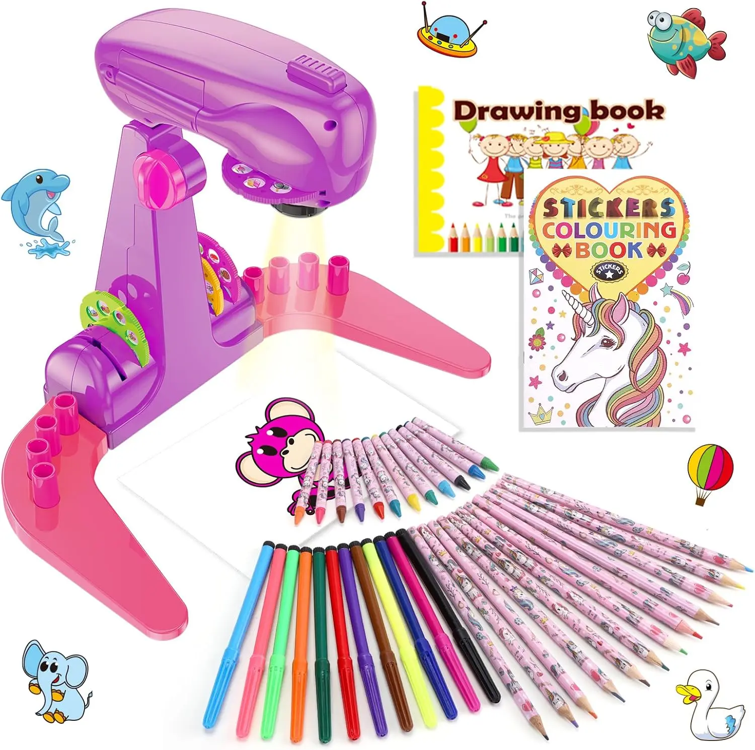 Kids' Drawing Projector Art Crafting Kit - Includes Colored Pencils, Crayons, Sketch Book, Art Pens - Educational Toy for 3+ Year Old Boys, Girls - Thanksgiving, Holiday Gifts (Blue v1)