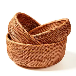 Rattan Round Fruit Basket Set, Stackable Storage Bowls, Ideal for Organizing Fruits and Snacks, Home/kitchen Use (3 Piece)