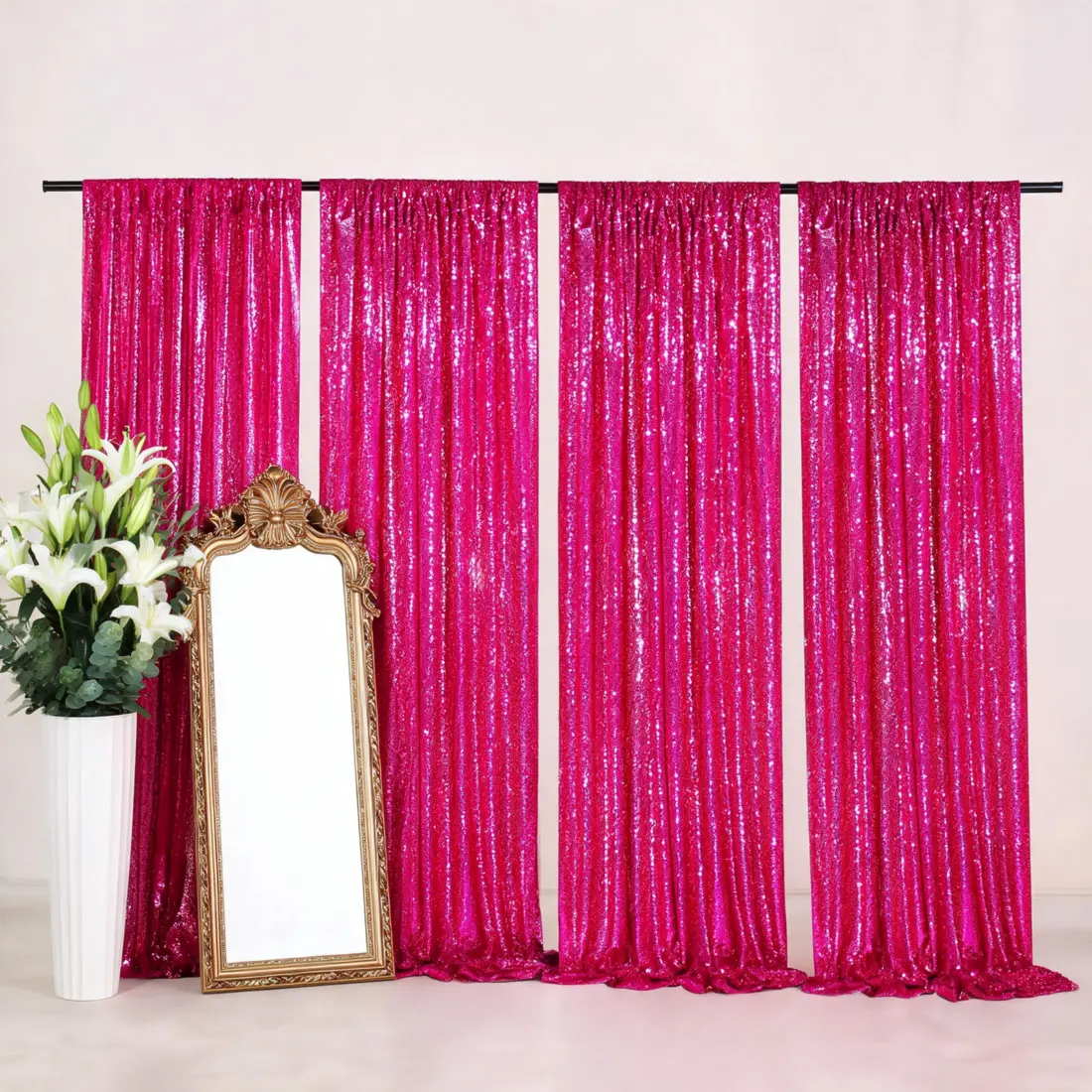 Premium Fuchsia Sequin Backdrop Curtain 4 Pack 2FTx8FT for Party Photography Props Wedding Birthday Halloween Christmas Glitter Drapes