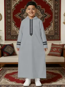 Muslim Children Hooded Robe, Light Embroidered Stitching, Middle Eastern Arabic Boys Traditional Thobe Clothing