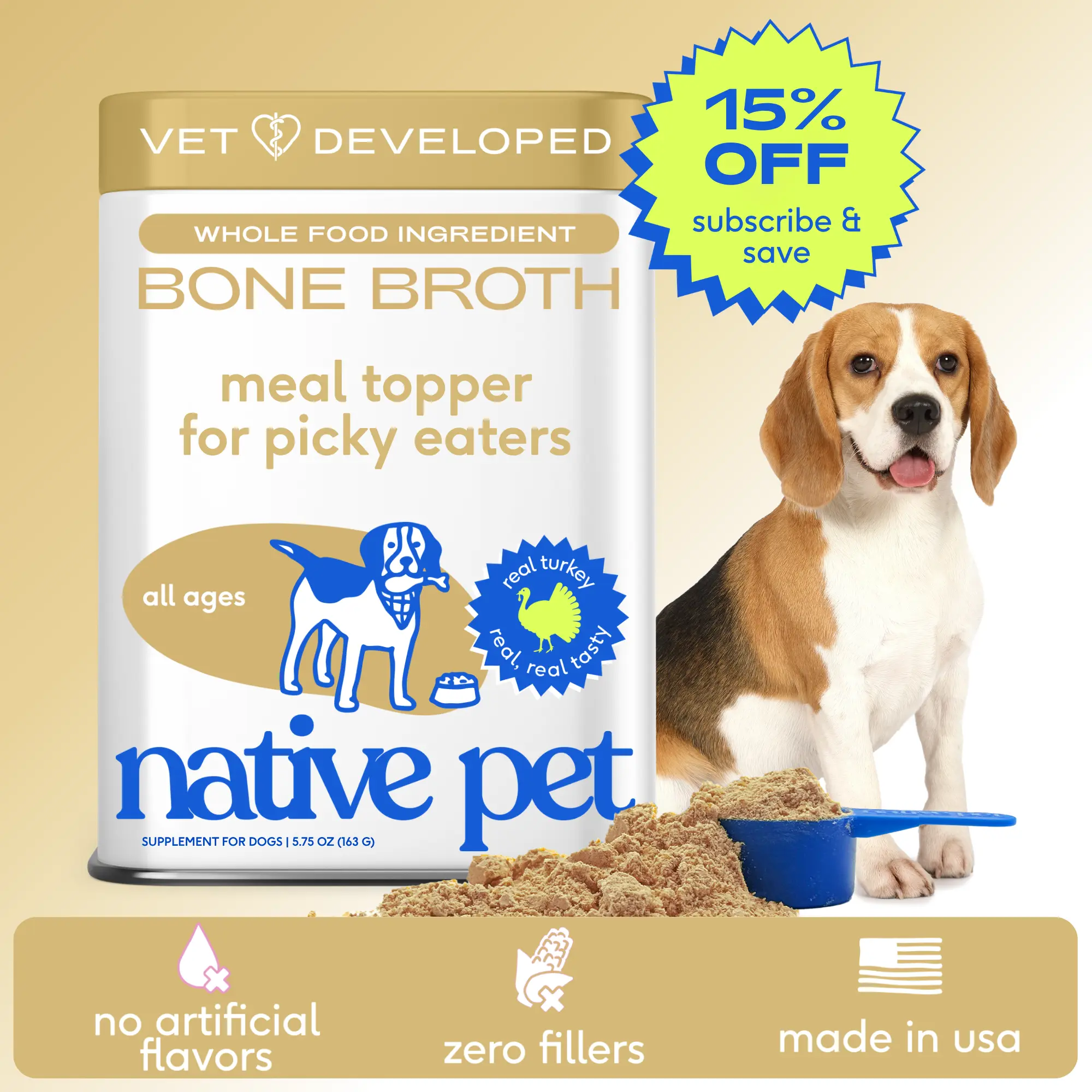 Native Pet Turkey Bone Broth Powder Dog Food Toppers for Picky Eaters - Provides Extra Nutrition for Joint Strength, Immune Support & Heart Health