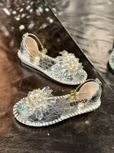 Summer New Fashion Luxurious Pearl Rhinestone Sandals, Cracked Bottom Pearls Ring, Round Toe Flat Slip-On Women's Shoes