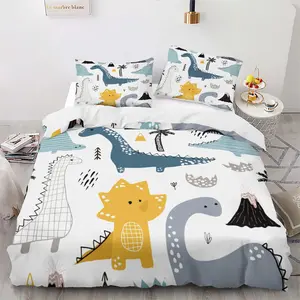 Three cute children's hand-painted little dinosaur patterns Bedding Set, 3-Piece Includes 1 Fitted Sheet and 2 Pillowcases, Soft Breathable Design for Bedroom