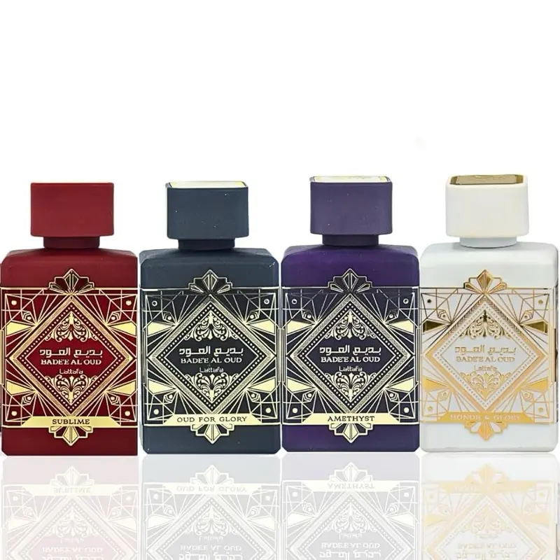 Lattafa Perfumes Bade'e Al Oud for Unisex 4 Piece Eau de Parfum Gift Set (Oud for Glory + Sublime + Amethyst + Honor & Glory) 3.4 Ounce/100 ml each Edp Scents Bold Fragrance Fragrance Sandalwood Fragrance Blend Edp Spray Delightful Scents