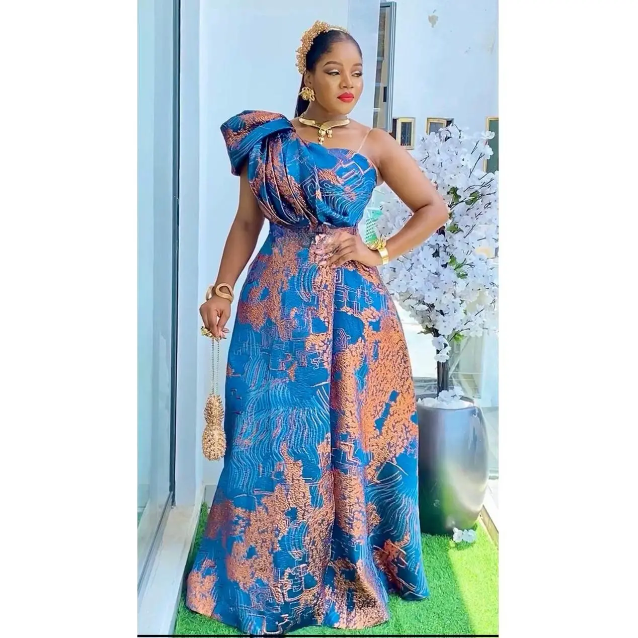 Elegant Blue One Shoulder Wedding Guest Brocade Maxi Dress with Front Slit & Pockets Stylish Fit & Flare Mother of The Bride A-Line Gown Cocktail Reception Gala Engagement Ceremony Birthday Dinner Photoshoot Turkey Party Dresses for Women Plus Size 10-24