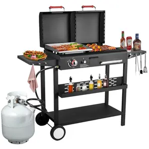 Bestfire Dual-Fuel BBQ Grill & Flat Top Combo – Propane and Charcoal Grill with 2 Lids & Side Shelves for Ultimate Outdoor Cooking Stainless Steel Bbq Cast Iron Barbecue picnic cooker 2in1