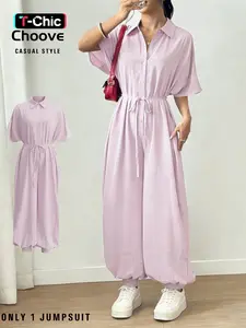 Summer Women's Loose Fit Jumpsuit, Lantern Pants Design, Shirt Collar, Front Button Closure, Basic Casual Style, Plain Pattern, Womenswear