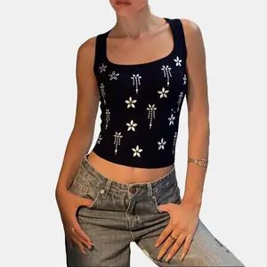 Women’s Sleeveless Square Neck Black Tank Top with Flower & Tassel Embellishment Slim Fit Crop Top 2026 Spring Summer New Arrival Date Nights Casual Outings Street Style Looks